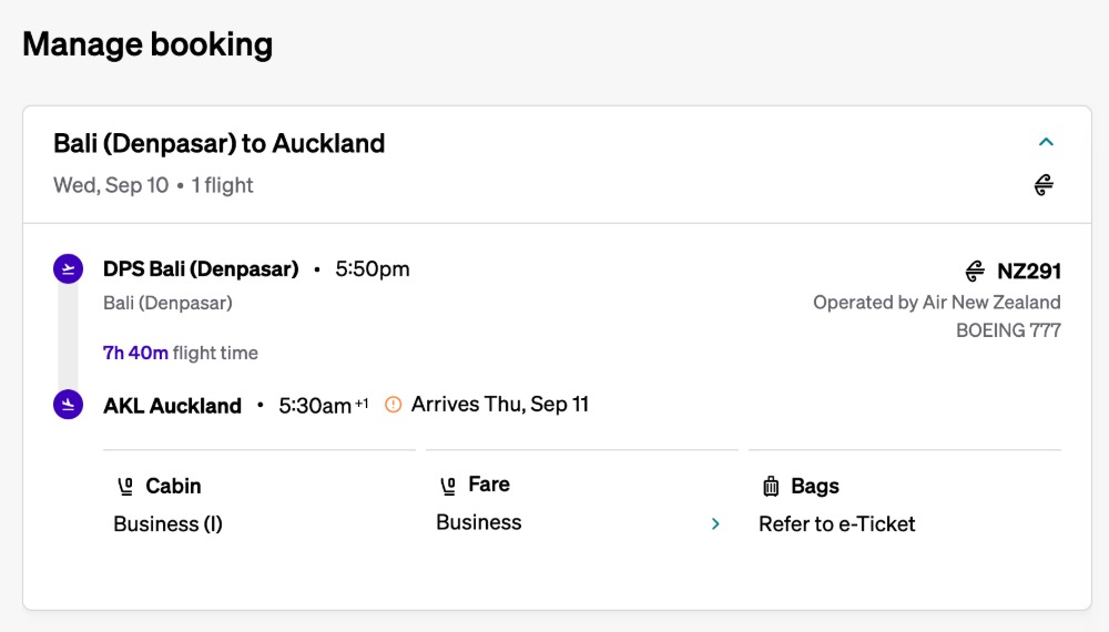 Air New Zealand business class booking DPS to AKL