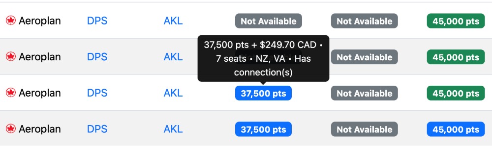 Seats.aero search results page