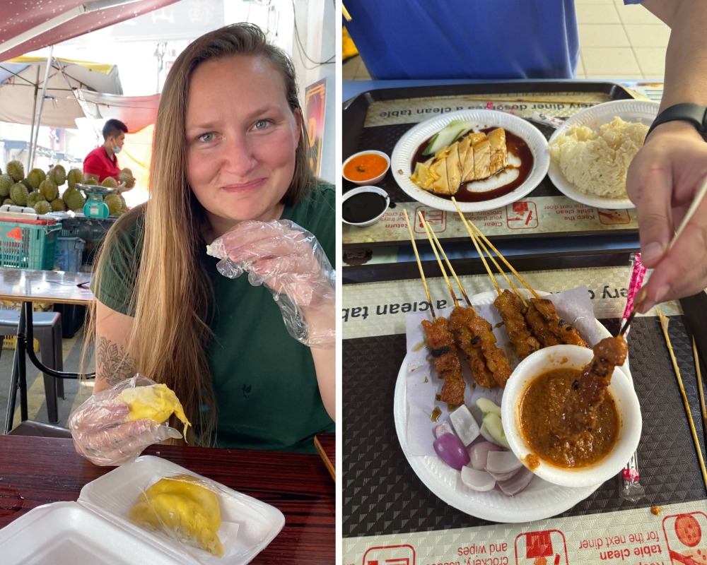 Woman eating durian, hawker market food on trays