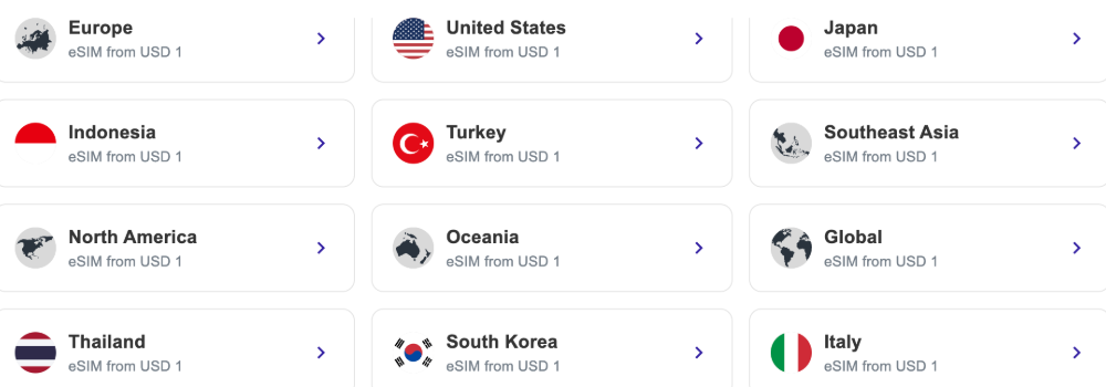 Jetpac eSIM pricing, destinations with 1 GB for $1