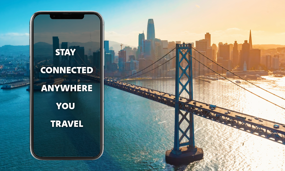 eSIM banner over San Francisco bridge USA