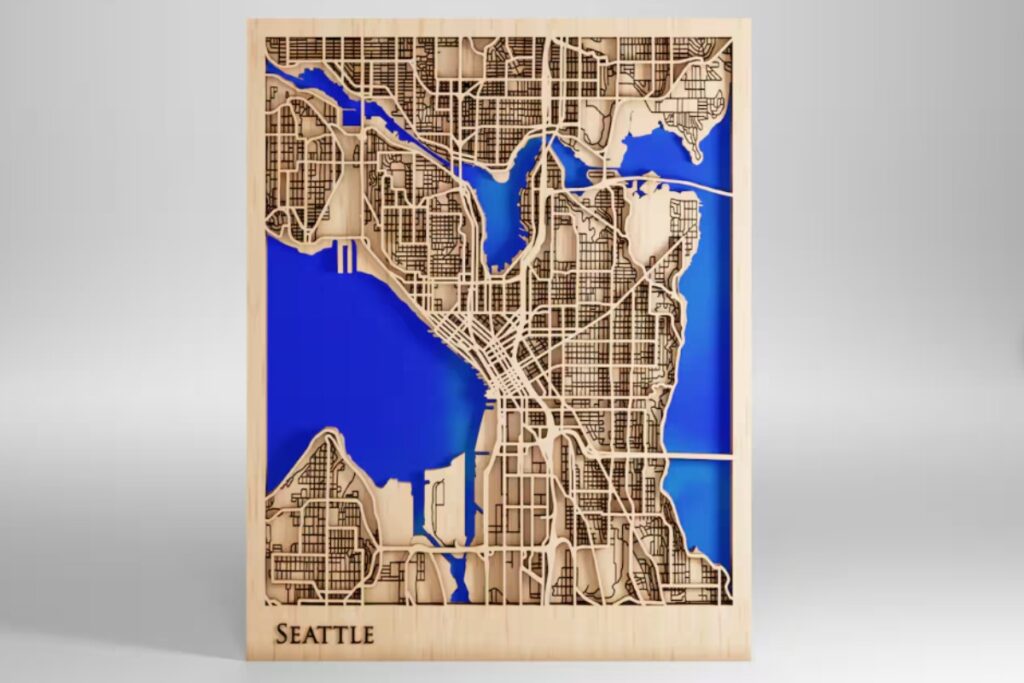 Resin and wood map of Seattle travel gift ideas