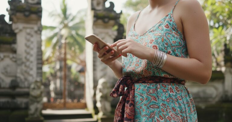 woman texting outside a bali Temple using the best eSIM for Indonesia