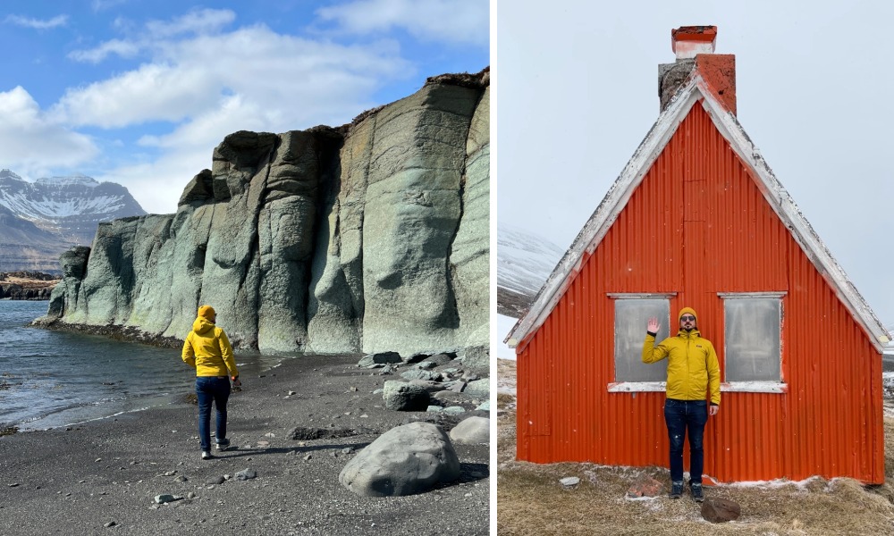 Green stone cliffs and red cabin in Iceland