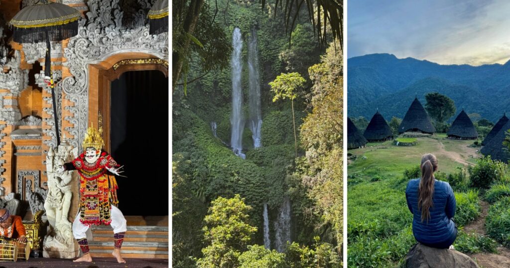 Balinese performer, Lombok waterfall, and Wae Rebo village Komodo Islands