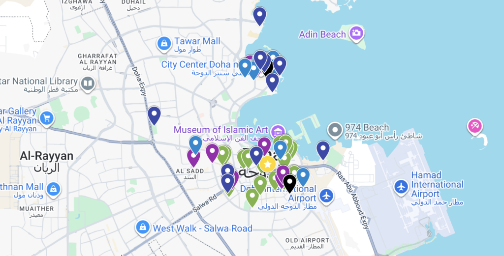 Pins marking hotels around Doha, Qatar