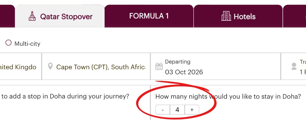 Qatar Airways Stopover booking page with 4 nights selected