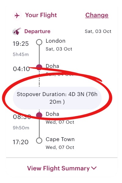 Qatar Airways flight details with stopover