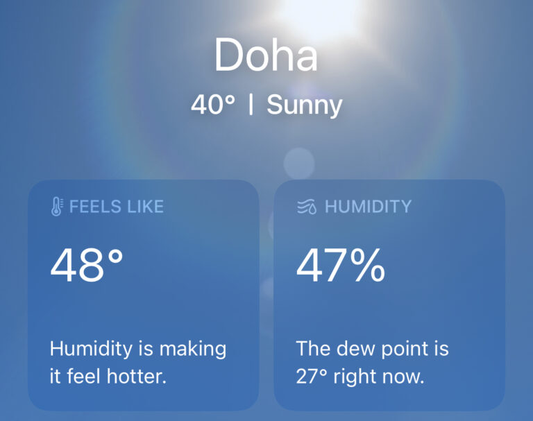 Weather report in Doha, Qatar showing 48 degrres