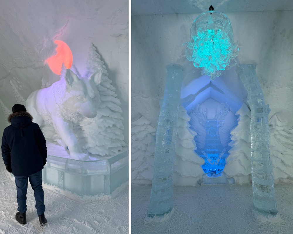 Ice carvings at the Hotel de Glace Entrance