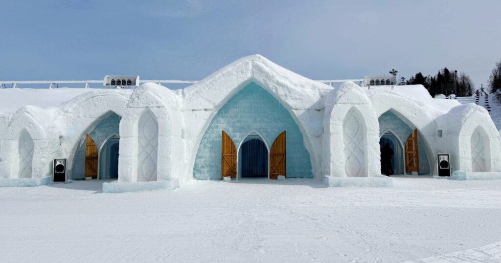 Outside Hôtel de Glace, the ice hotel in Québec