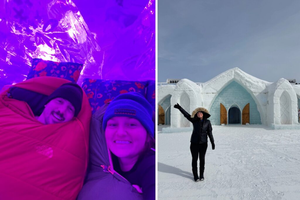 Before bed at the ice hotel and outside the hotel