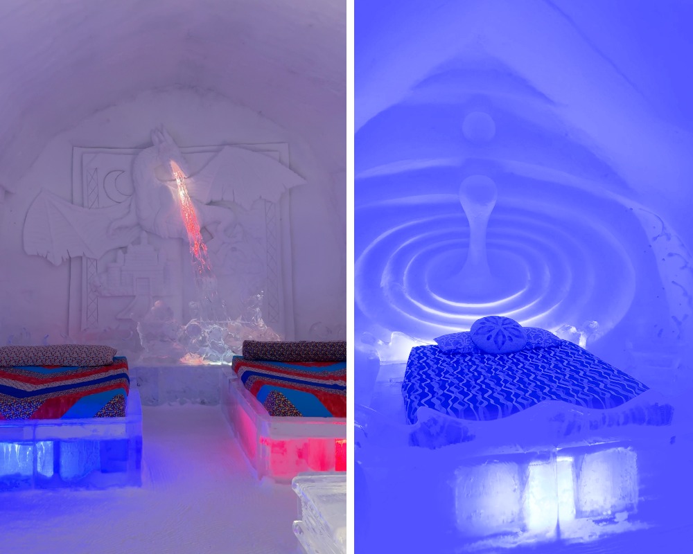 Ice Hotel Room designs: a dragon and a water droplet