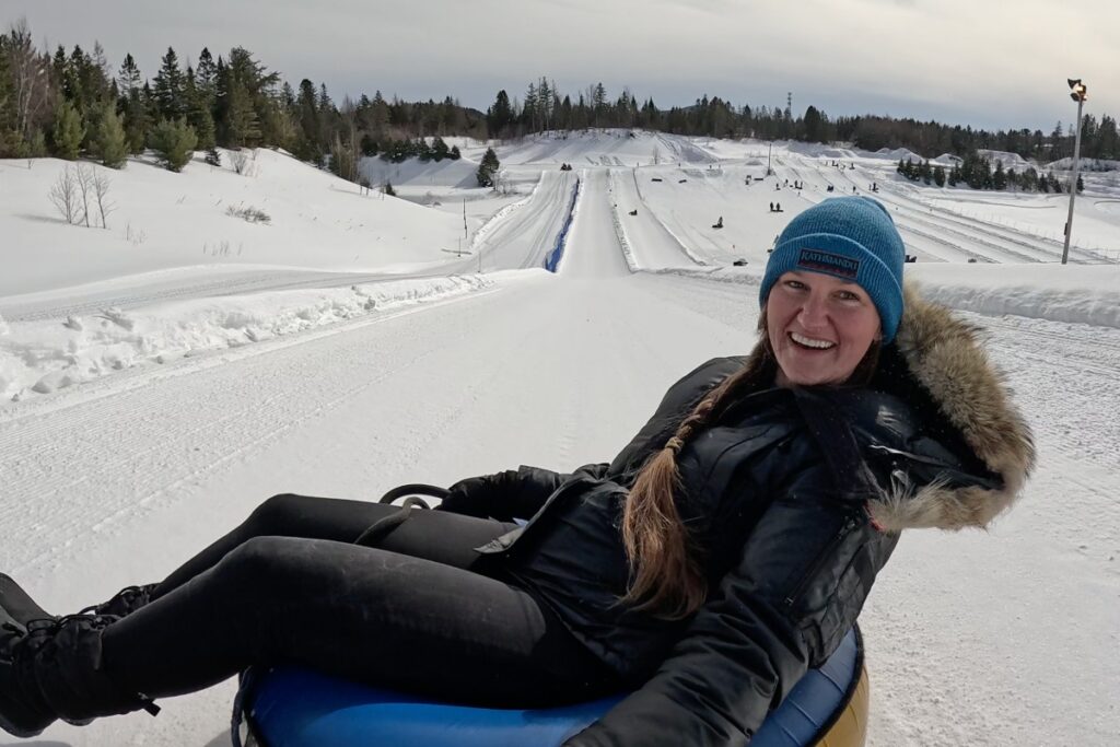 Snow tubing outside the ice hotel in Québec