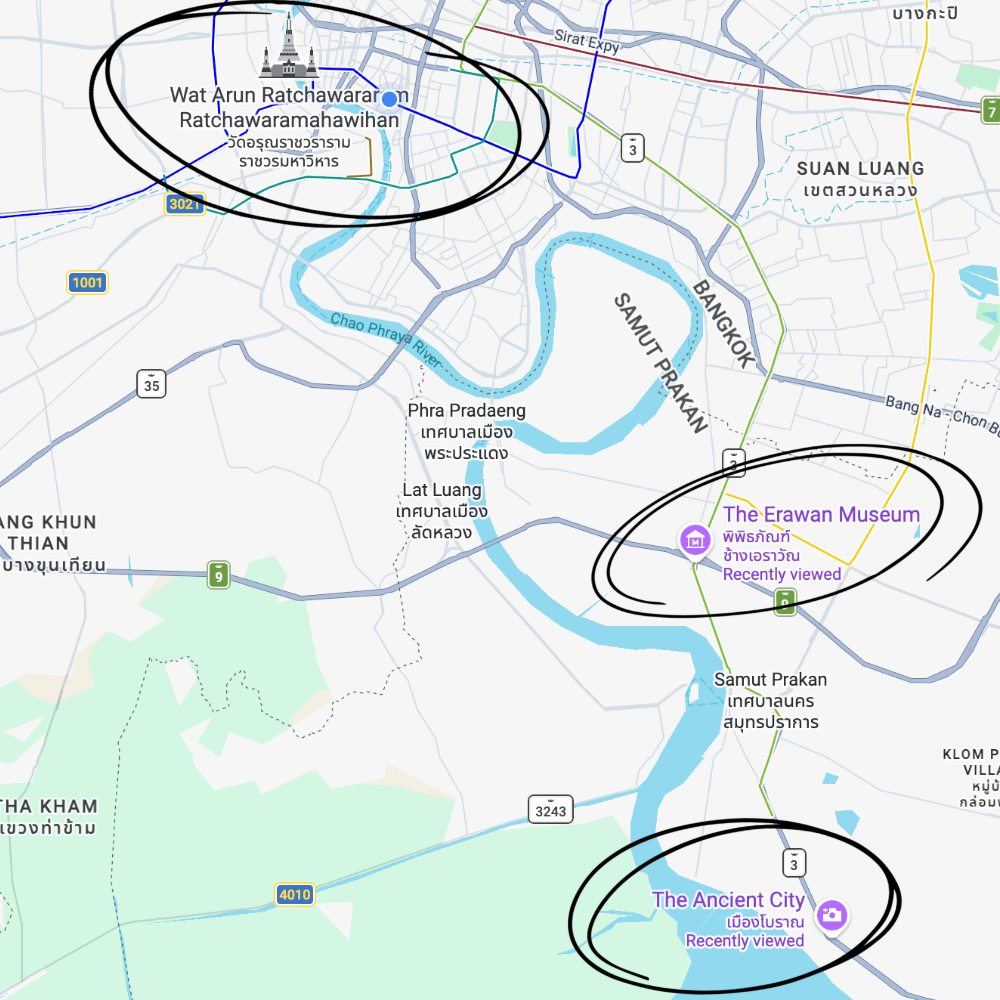 Map of Bangkok, the Erawan Museum and the Ancient City