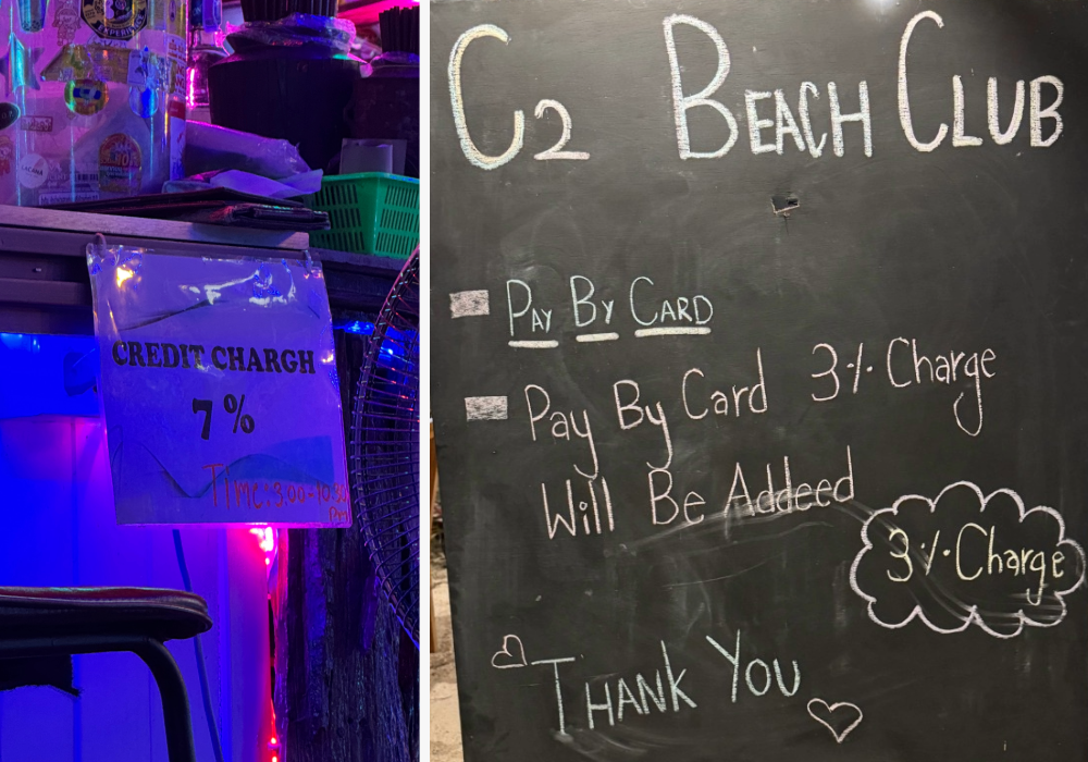 Beach club advertising a 3% or 7% charge for paying by card in Thailand