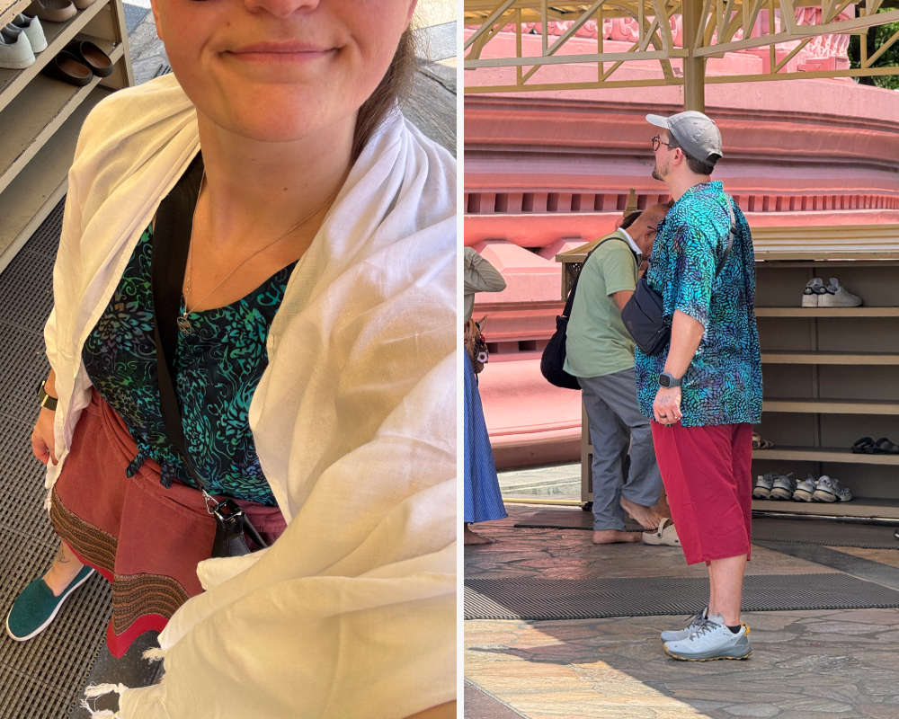 Wearing shawl, sarong, and shorts provided at the Erawan Elephant Temple