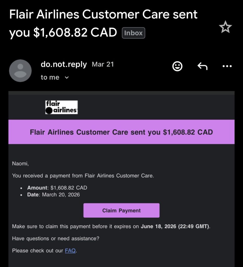 HyperWallet payment from Flair Airlines