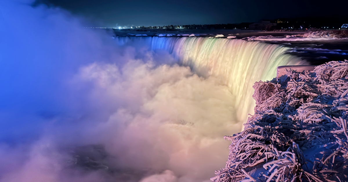 Niagara Falls winter evening with frost on trees