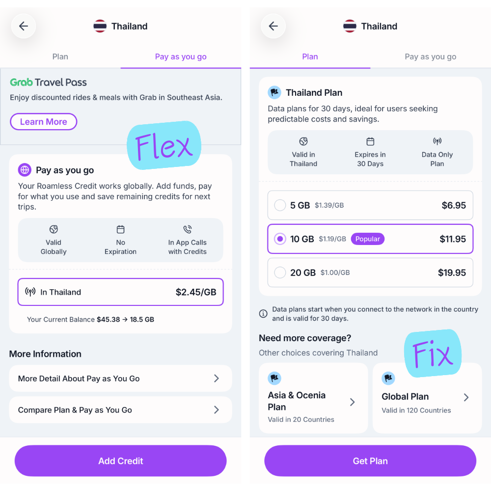 Roamless Flex vs Fix plans in the app