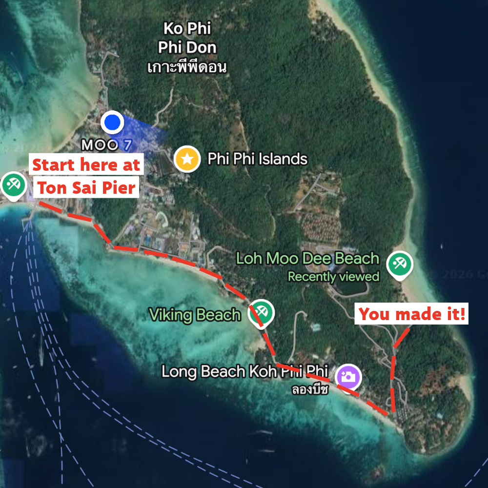 Google Map of Ton Sai Pier to Loh Moo Dee beach