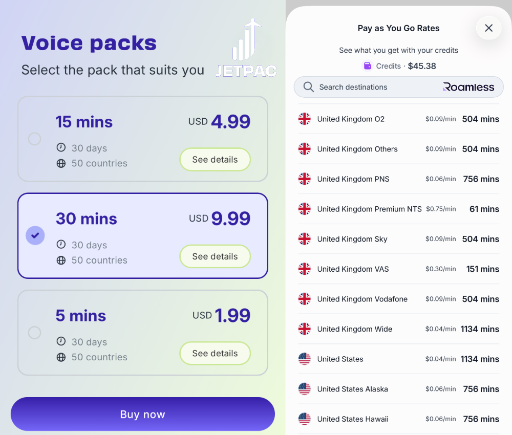 Roamless eSIM vs Jetpac calling