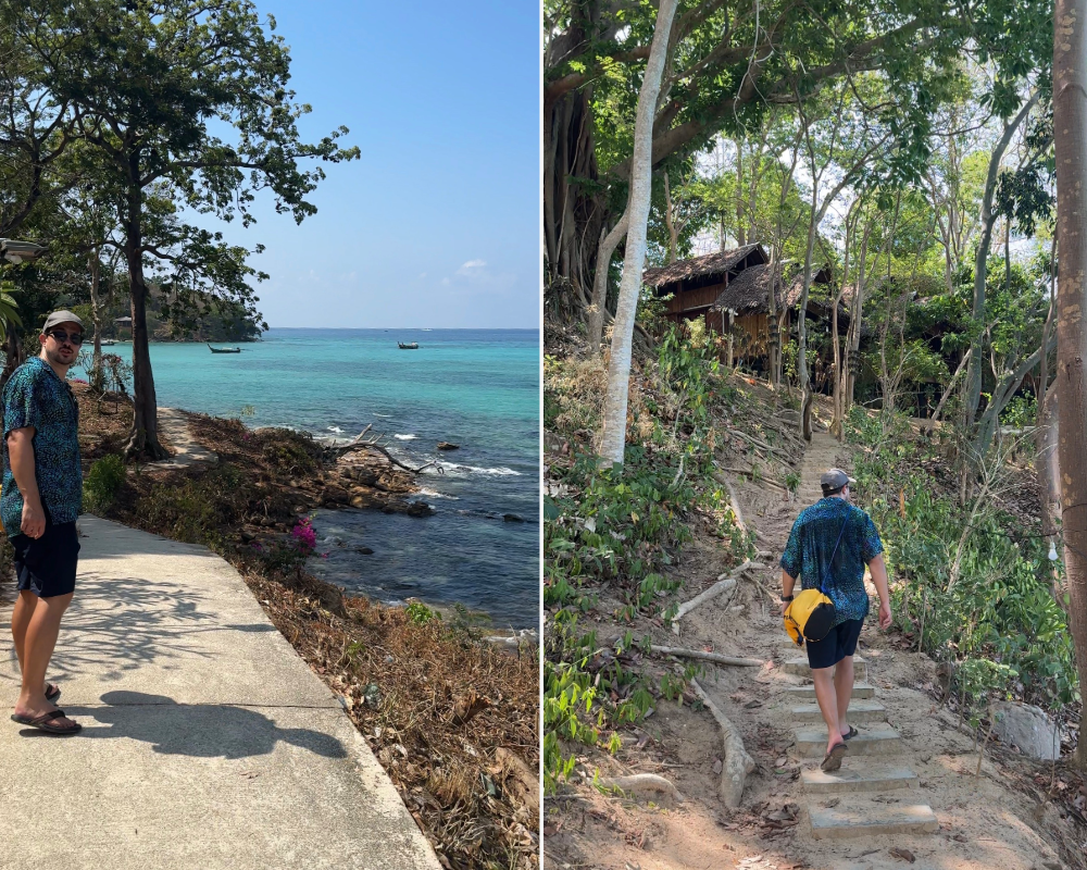 Split image: left shows a man in a blue patterned shirt on a seaside path with turquoise water and boats; right shows the same man hiking a tropical forest trail toward thatched huts, carrying a yellow bag.