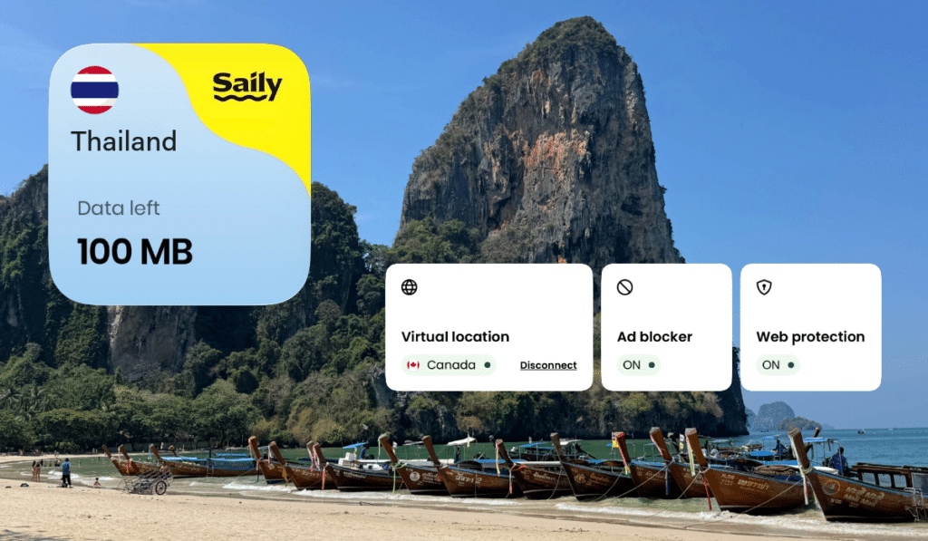 Railay Beach mountains in Thailand and Saily eSIM data