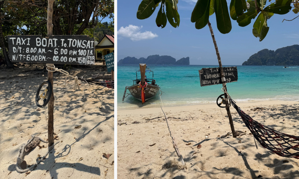 Two beach scenes side by side: a wooden sign advertising taxi boat rental on a sandy shore with a rope and life ring in foreground (left). In the right panel, a small boat anchored at a turquoise beach with a second sign near a hammock and clear island‑pinned water.