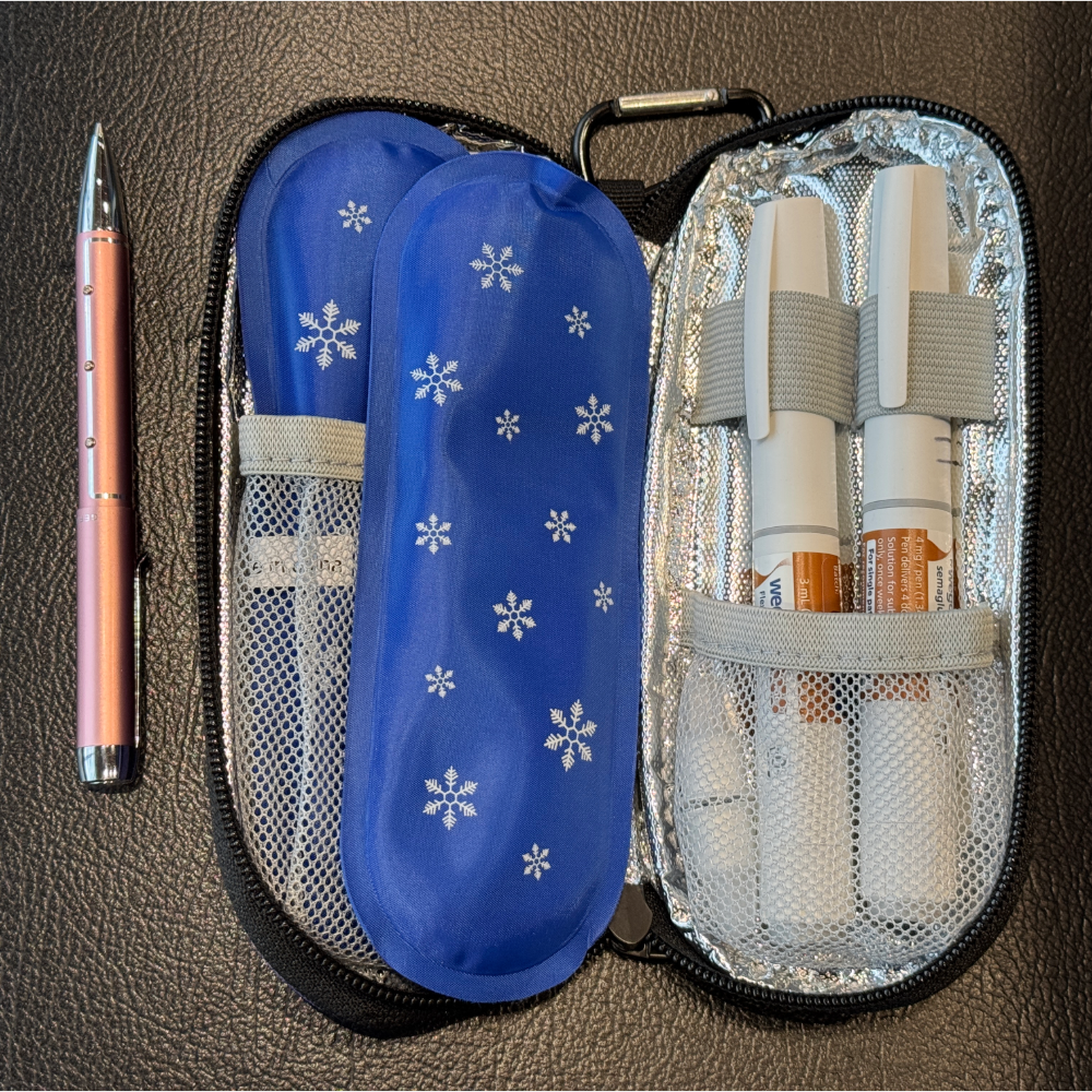 Open Wegovy travel case with ice packs