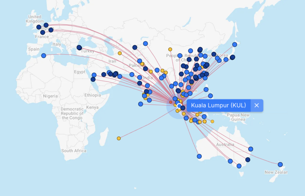 Map of all flights connecting to Kuala Lumpur
