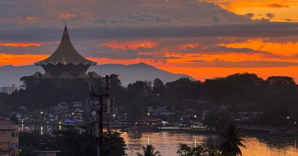 Kuching parliament building and striking sunset