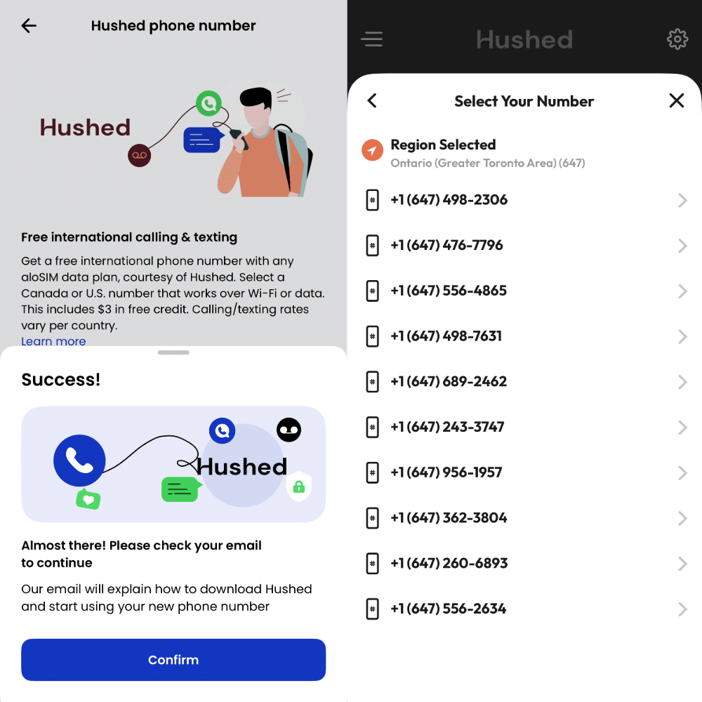 aloSIM connects to Hushed phone numbers