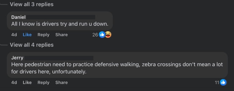 Facebook comments about how it's dangerous to cross the street in Kuching