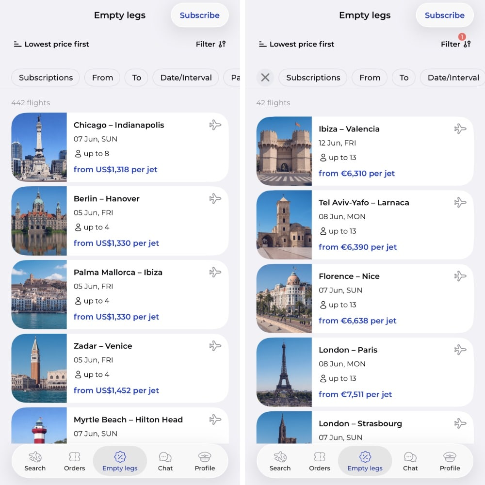 Mirai Flights US and Europe examples