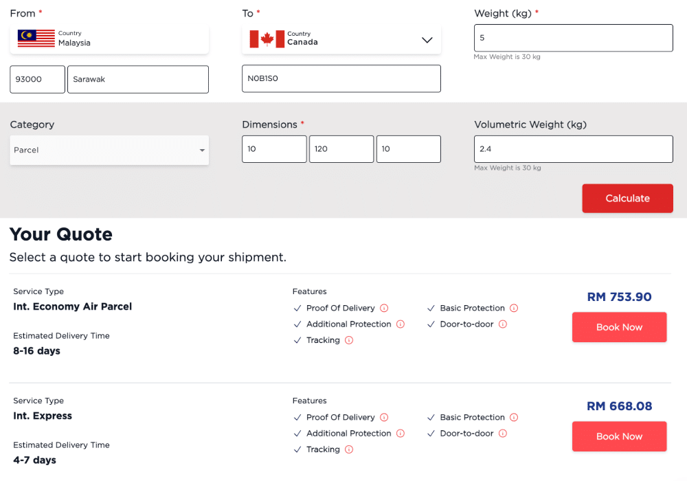 Malaysia Post shipping calculator results