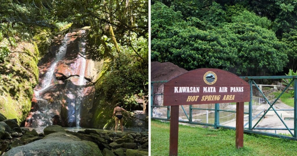 Poring hot springs waterfall and entrance sign