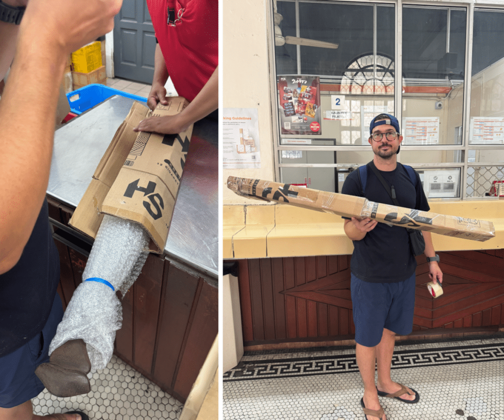 Wrapping the Dayak paddle for shipping to Canada