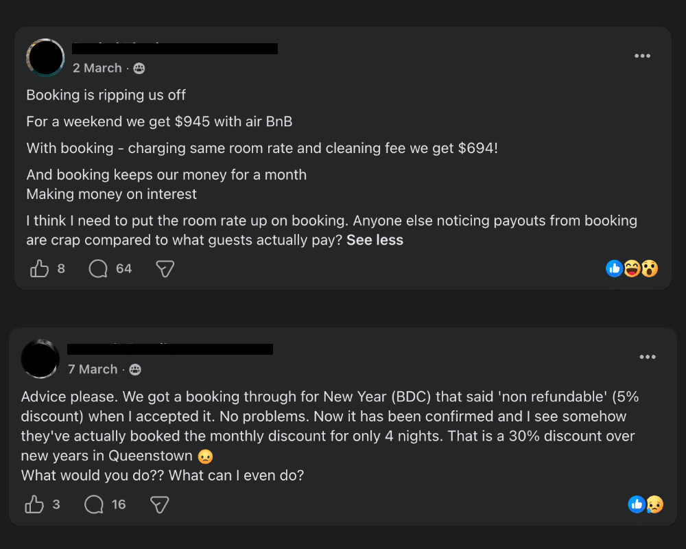 Facebook comments about host fees on Booking.com