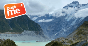 Aoraki Mount Cook in New Zealand with Bookme Logo