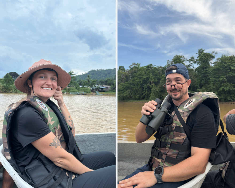 Me in a hat and Chesney with his binoculars on the Kinabatangan River