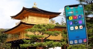 The best eSIM for Japan with the Golden Temple and smartphone