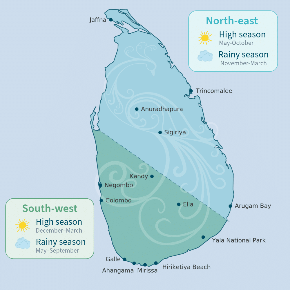 Map of Sri Lanka weather showing high and low tourism seasons and major points of interest like Hiriketiya Beach
