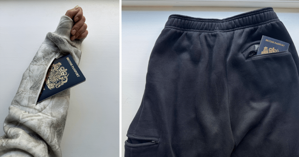 Passport in hoodie secret sleeve and trackpants pocket