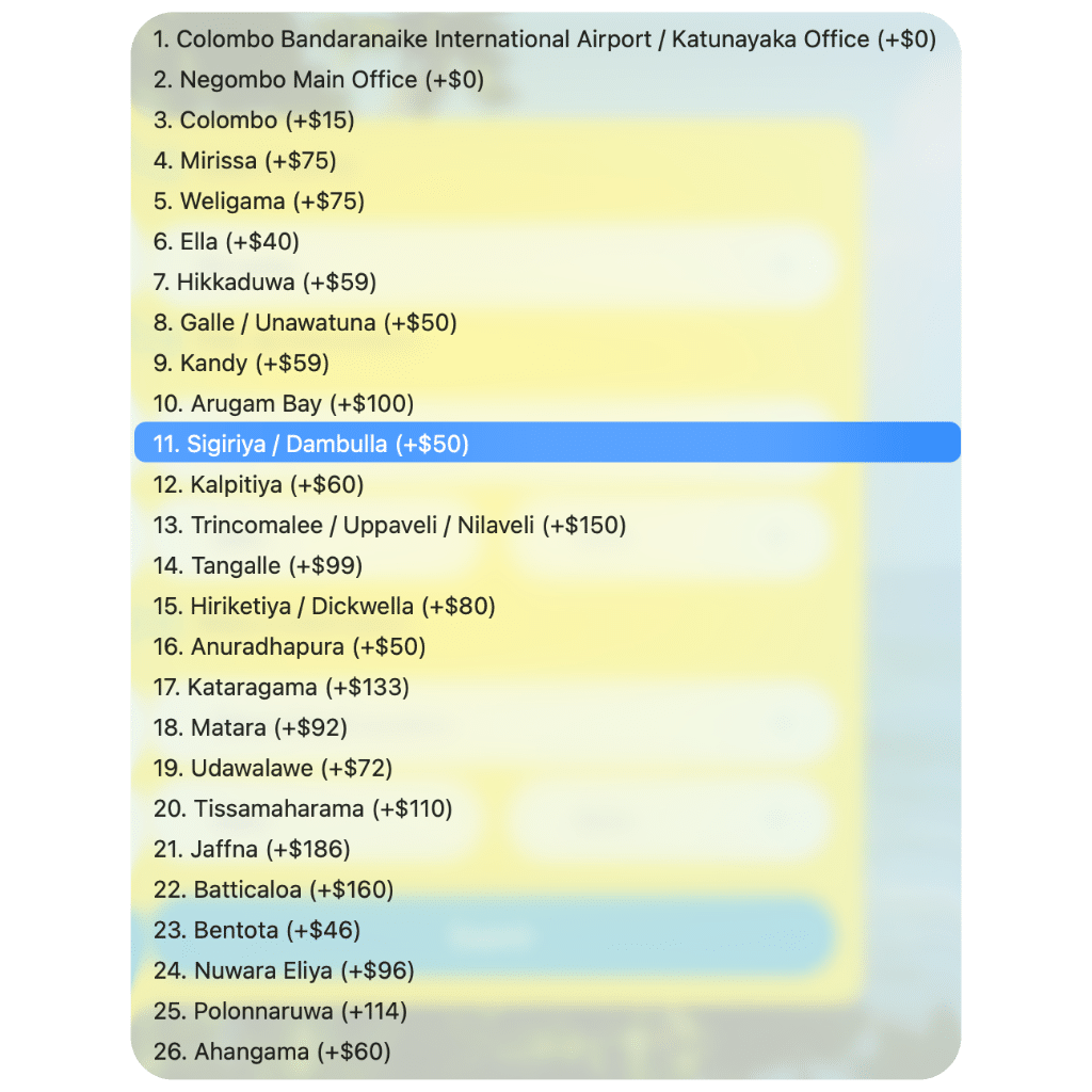 List of tuk tuk surcharges by location; item 11 shows Sigiriya / Dambulla (+$50) highlighted.
