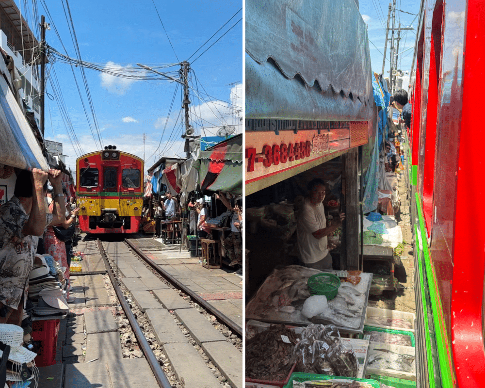 Train coming through the Maeklong Railway Market