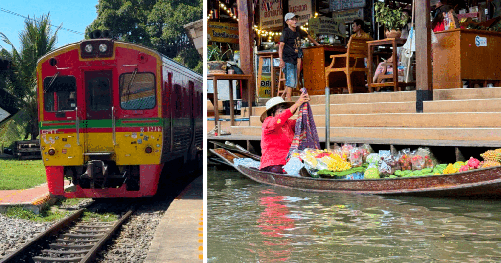 Maeklong Railway train and vendor at Damnoen Saduak Floating Market