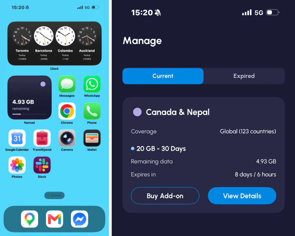 Nomad eSIM data usage widget on iPhone home screen