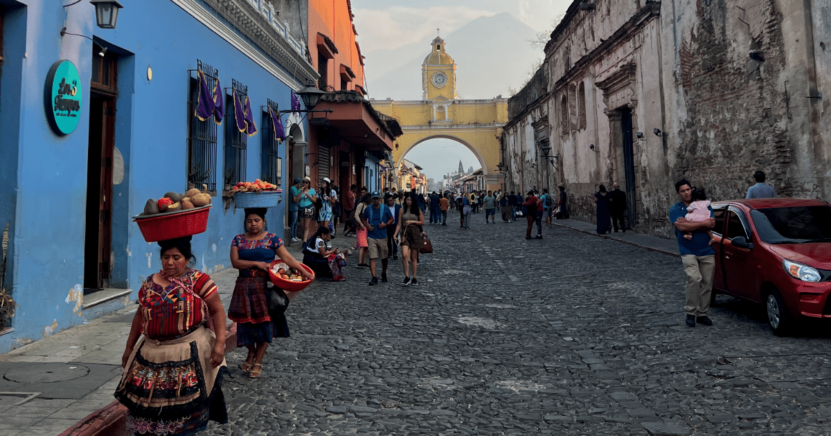 Women in Traditional Clothing Walking Down the Street in Antigua, Guatemala