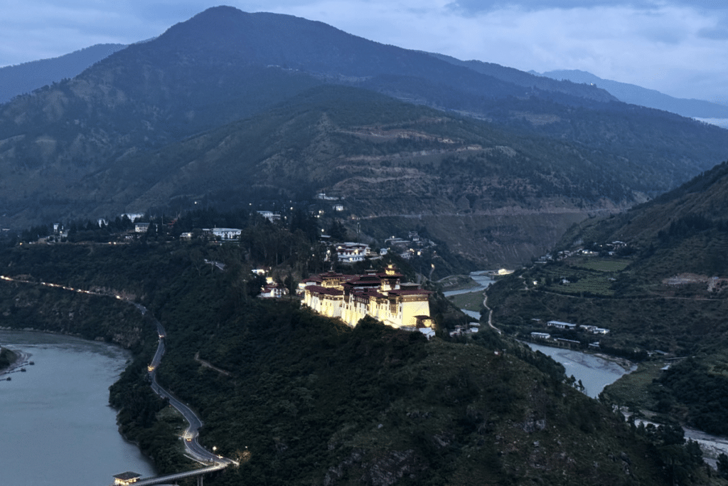 Illuminated Dzong (ancient fort) near Punakha, Bhutan